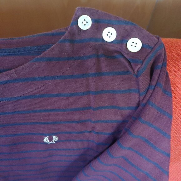 Fred Perry Tunic Dress Stripes Boat Neck Sz 8 burgundy & navy gold logo - Picture 2 of 7